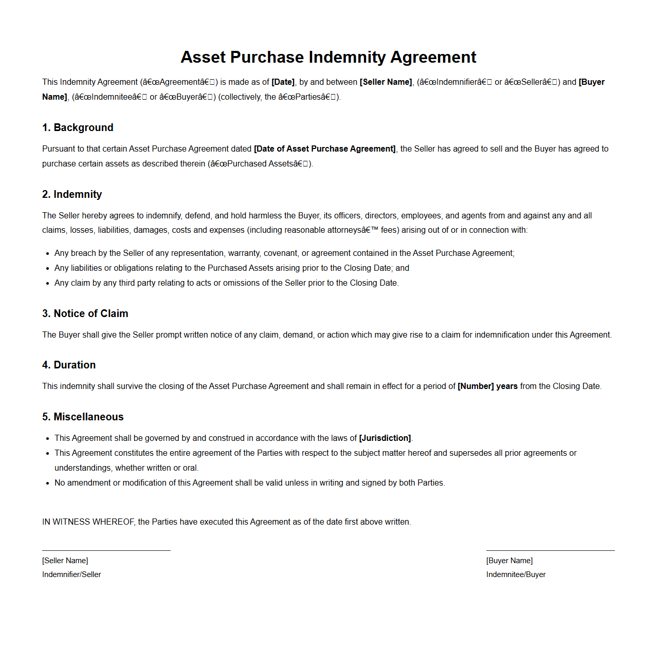 Asset Purchase Indemnity Agreement Specimen