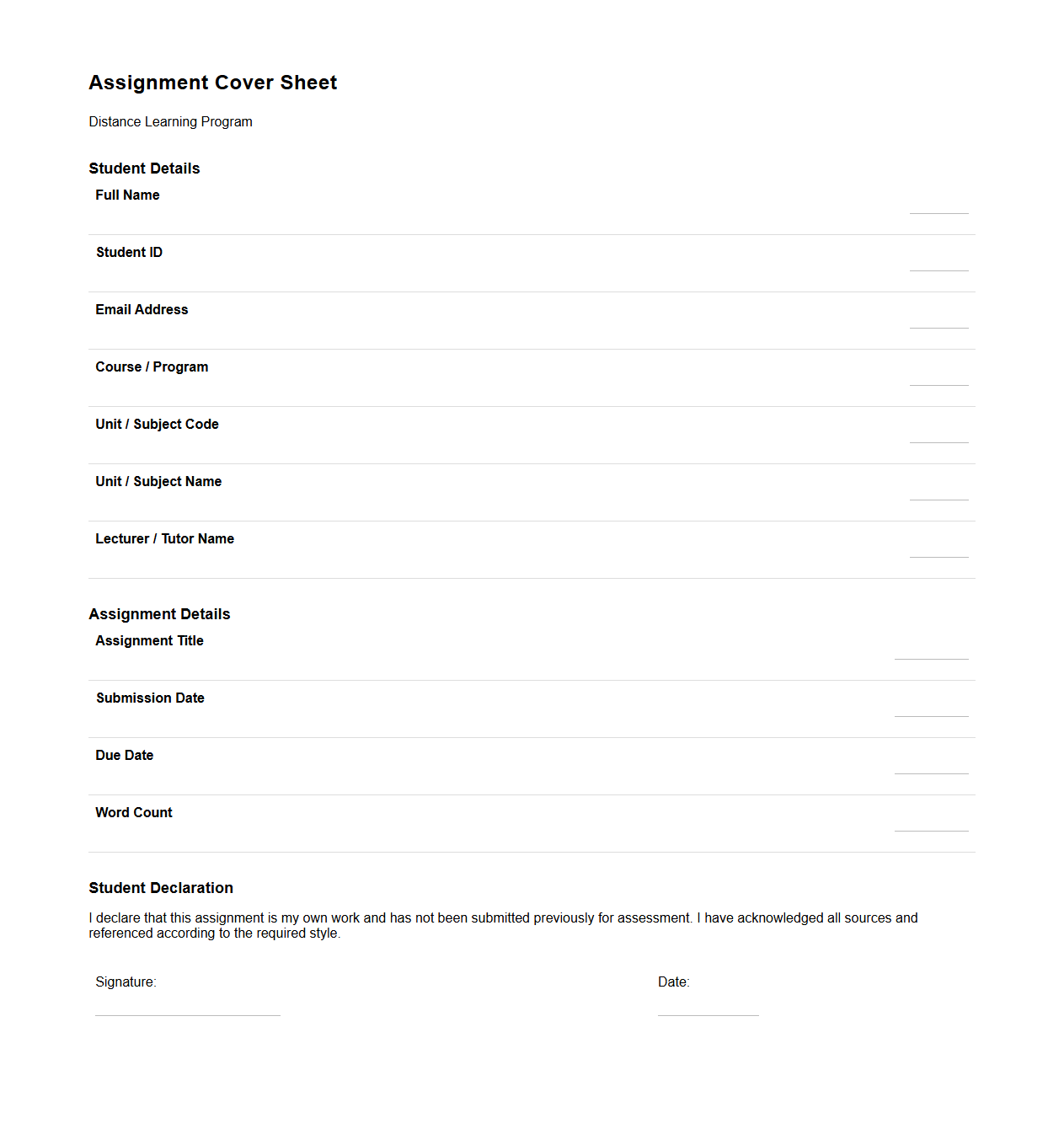 Assignment Cover Sheet for Distance Learning