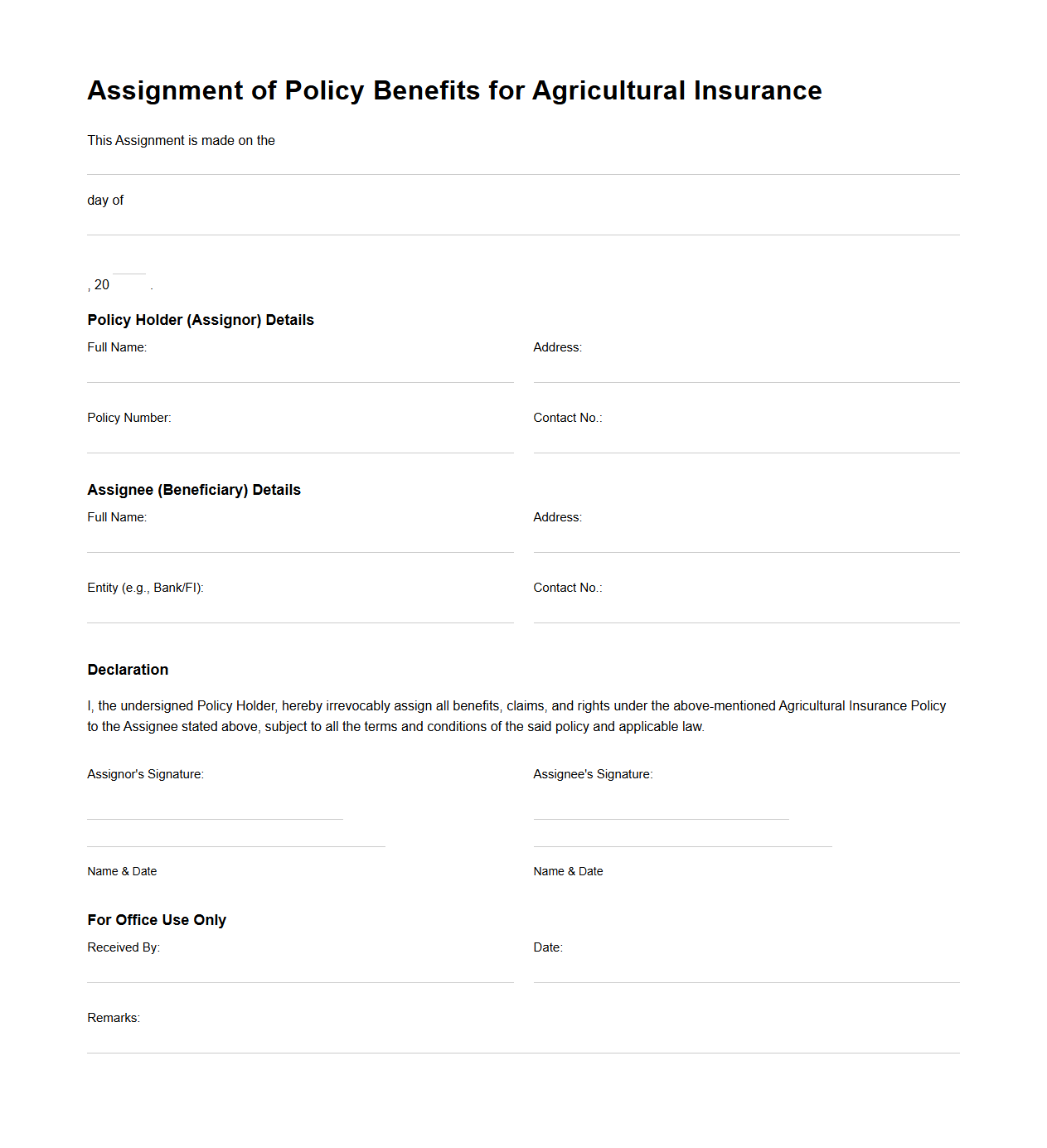 Assignment of Policy Benefits for Agricultural Insurance