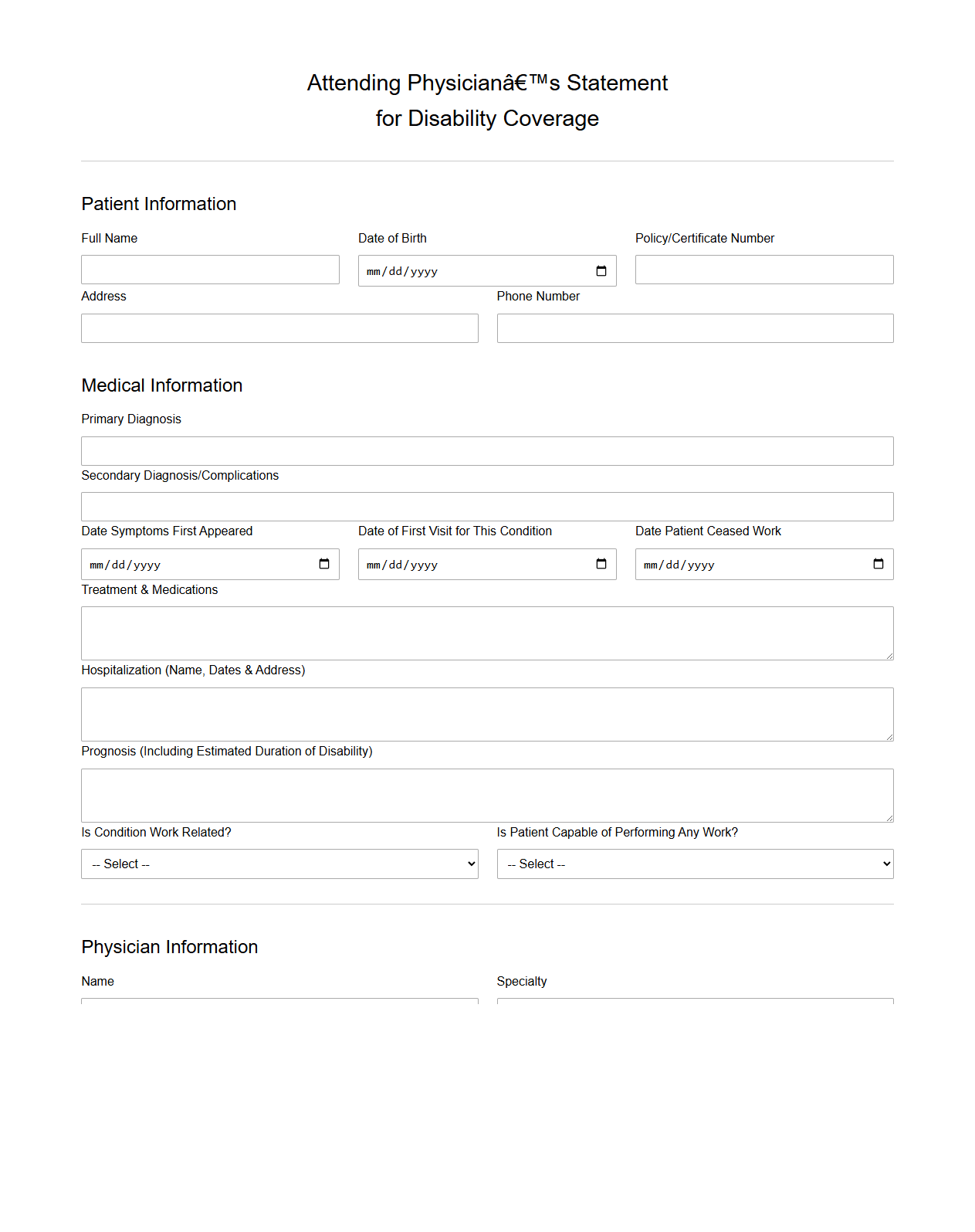 Attending Physician’s Statement for Disability Coverage