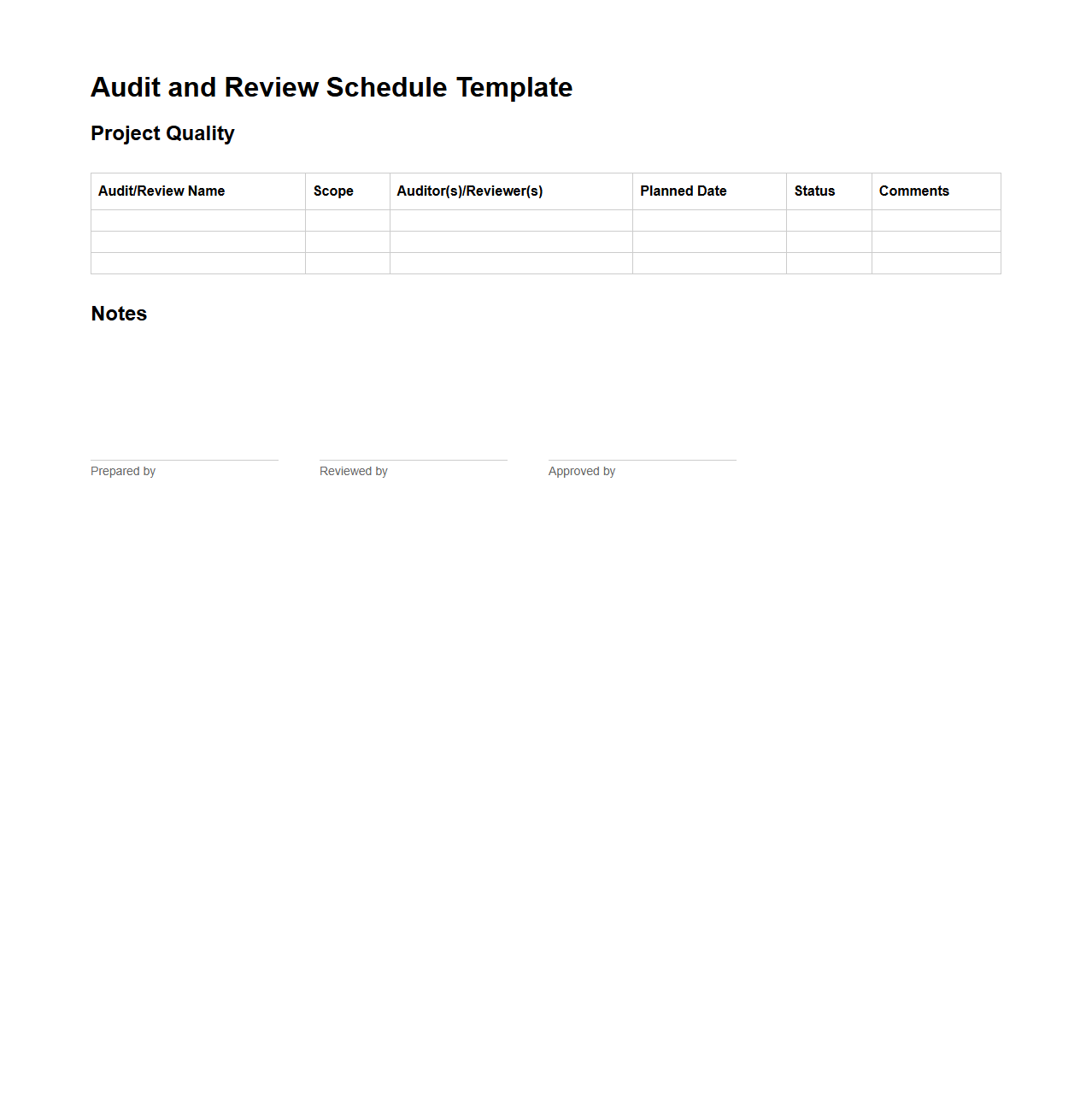 Audit and Review Schedule Template for Project Quality