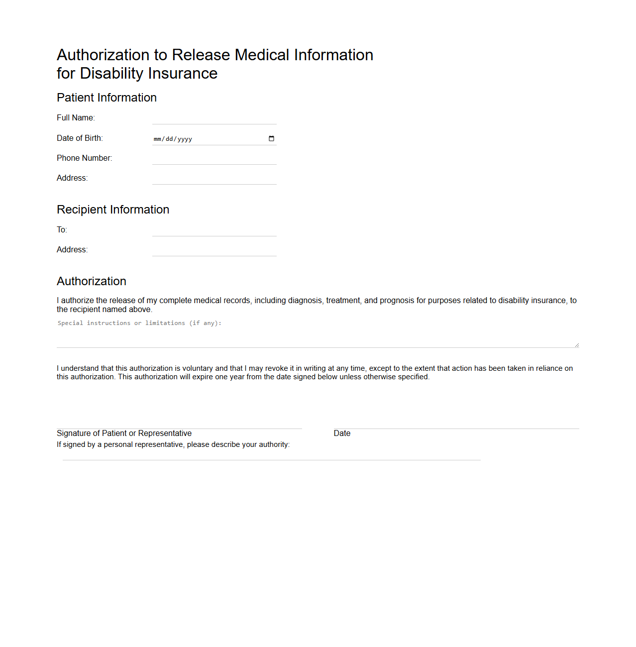 Authorization to Release Medical Information for Disability Insurance