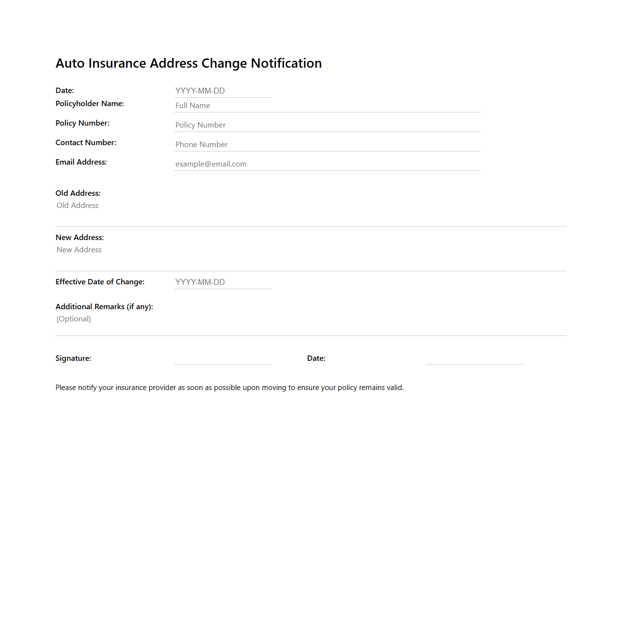 Auto Insurance Address Change Notification Format