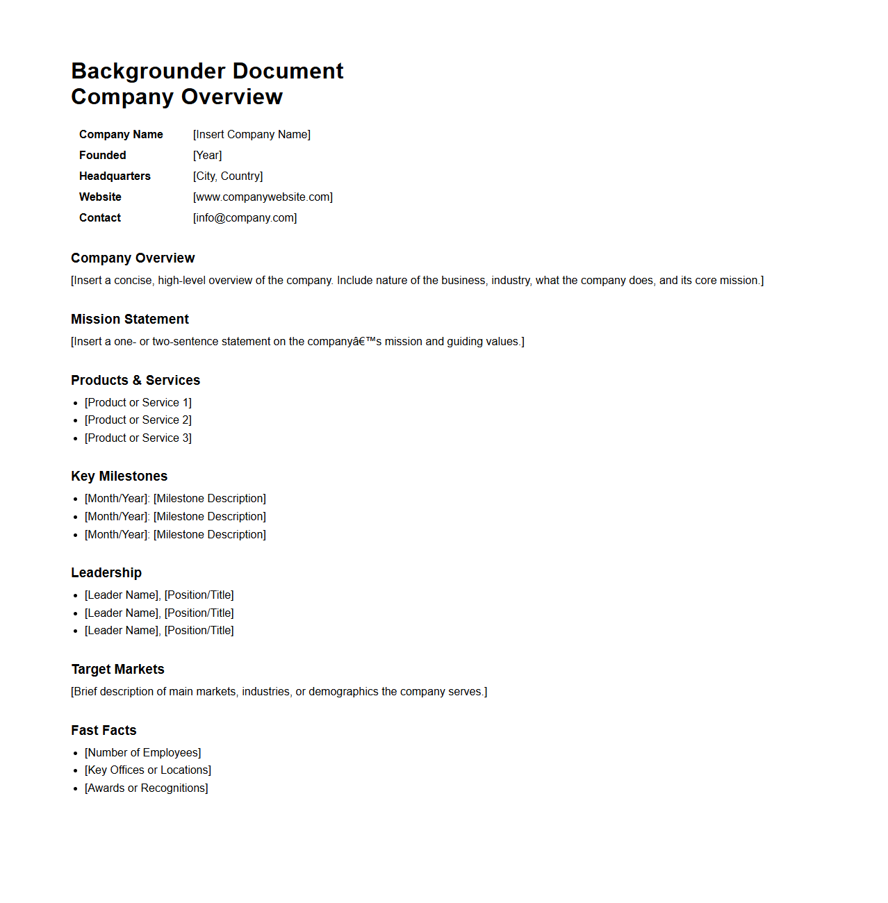 Backgrounder Document Sample for Company Overview