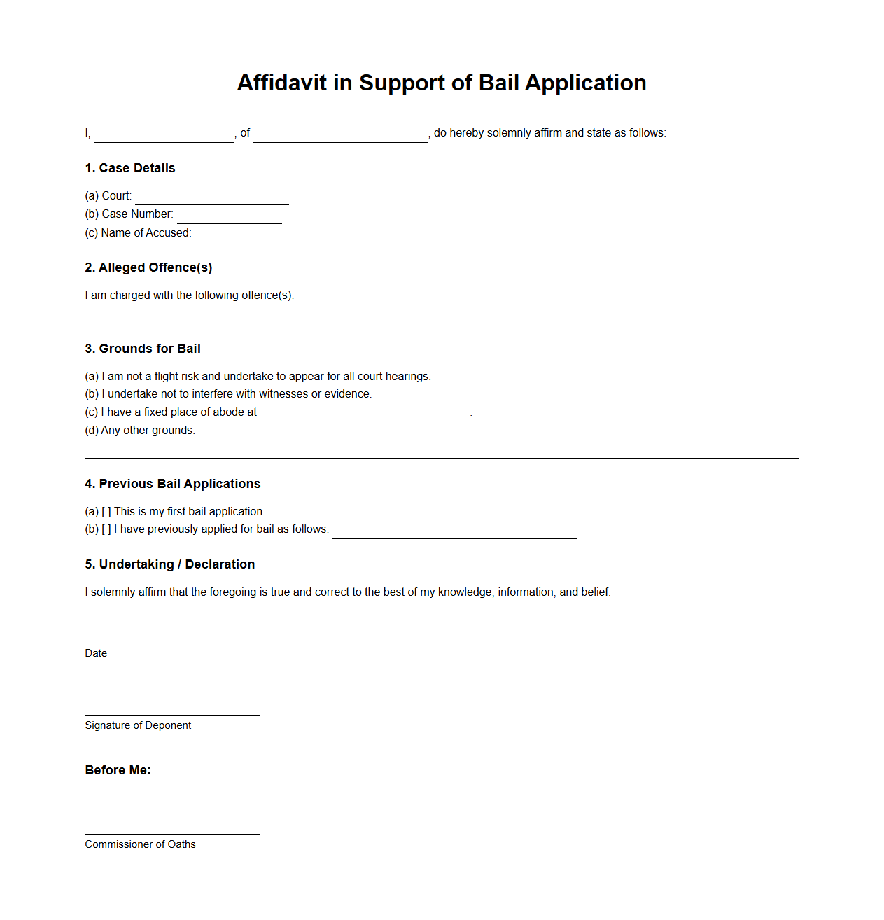 Bail Application Affidavit Template for Criminal Cases