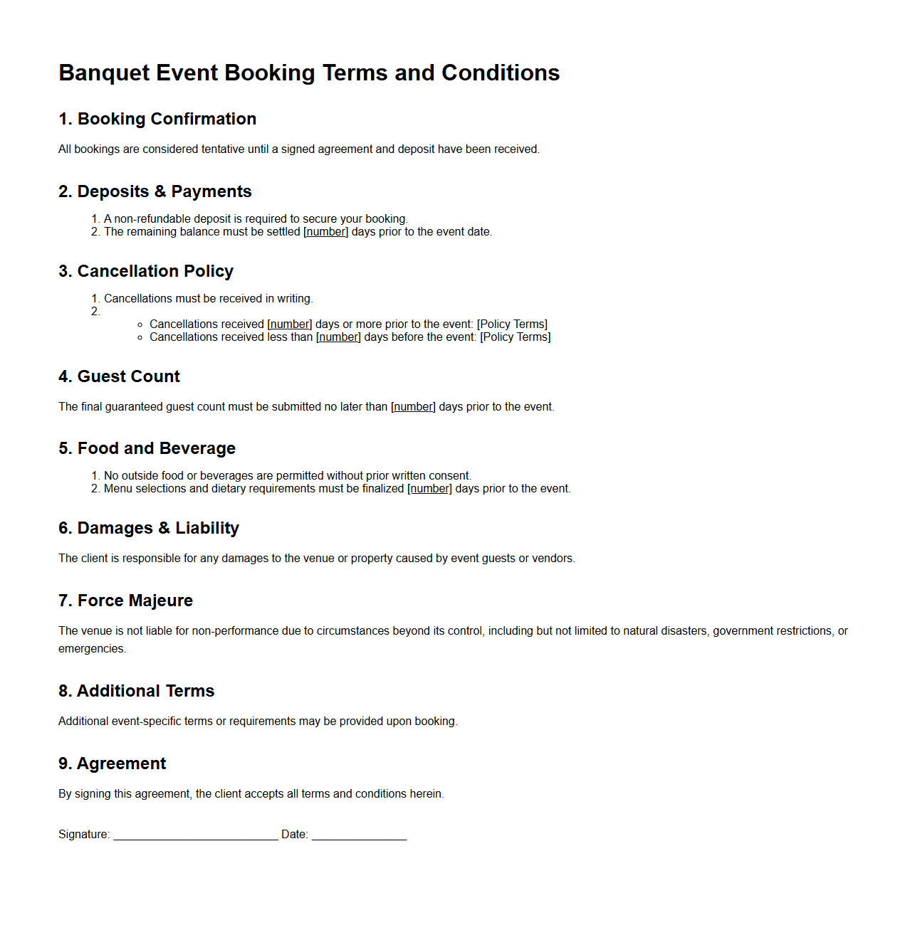 Banquet Event Booking Terms and Conditions