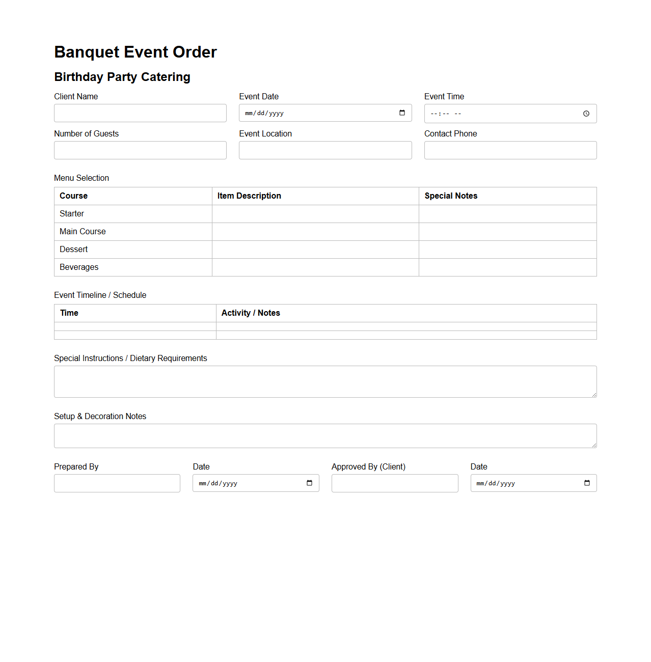 Banquet Event Order for Birthday Party Catering