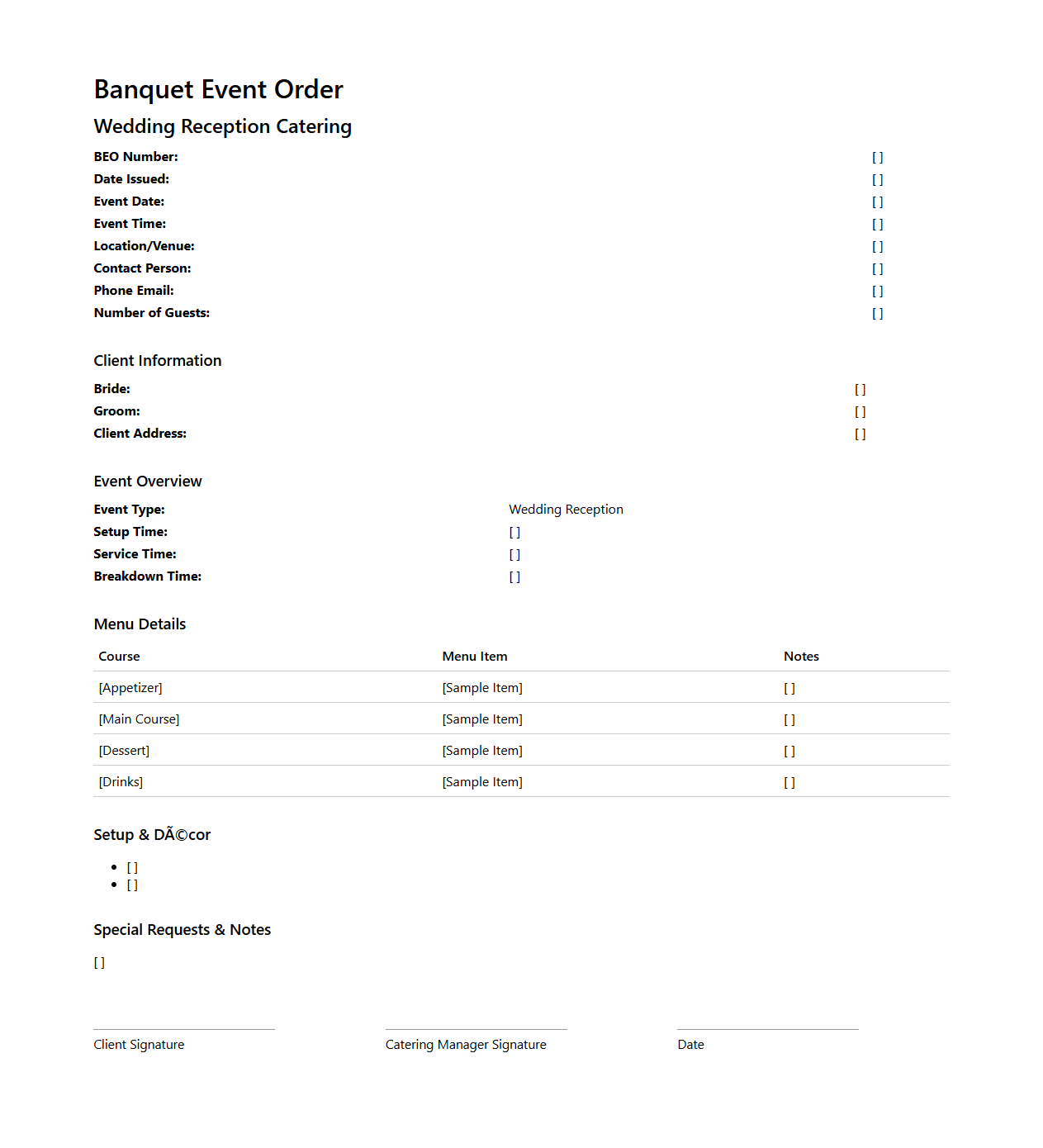 Banquet Event Order for Wedding Reception Catering