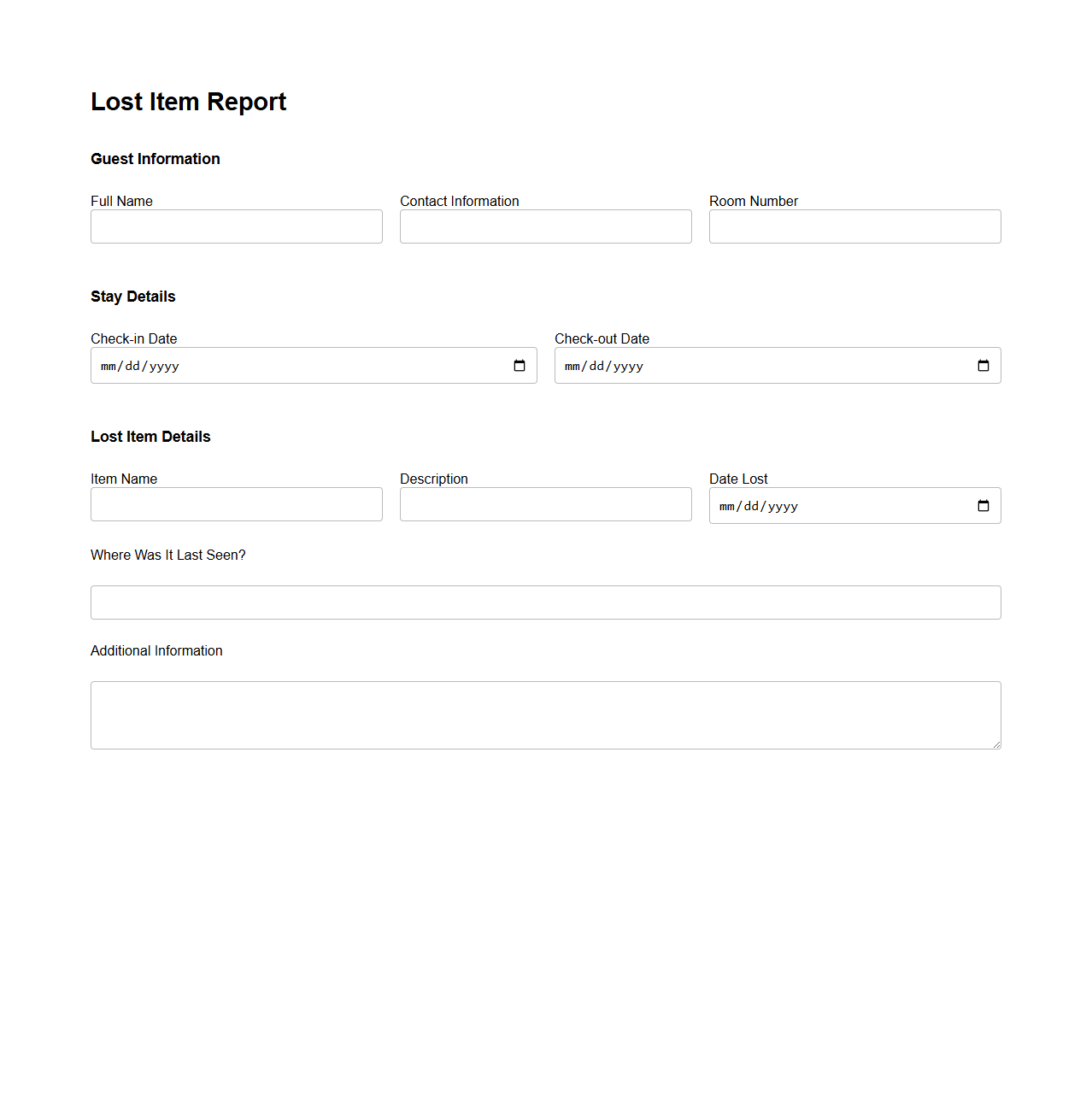 Bed and Breakfast Lost Item Report Template