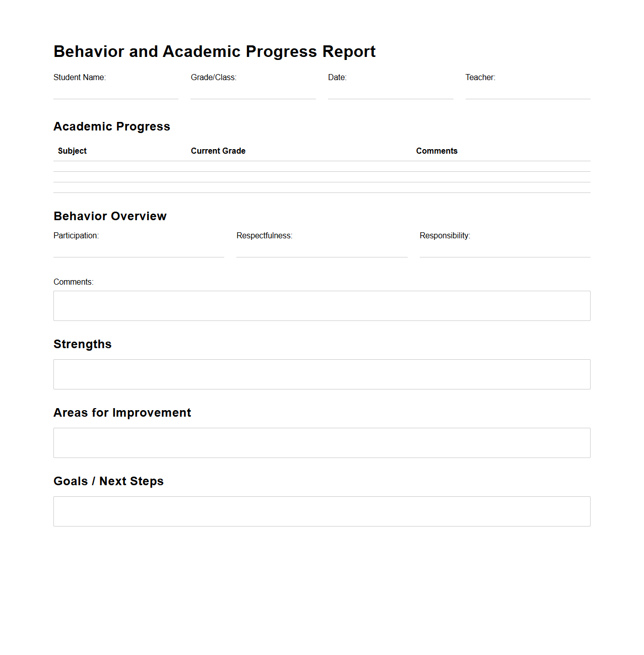 Behavior and Academic Progress Report Layout for Parent Conferences