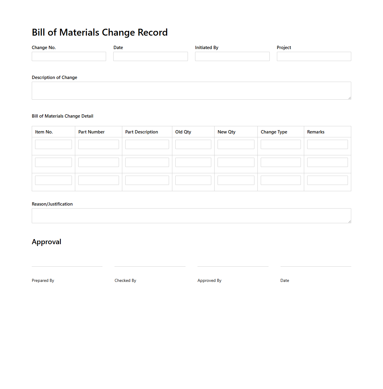 Bill of Materials Change Record