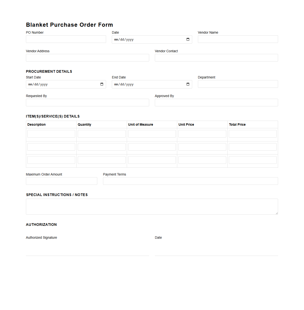 Blanket Purchase Order Form Sample for Procurement