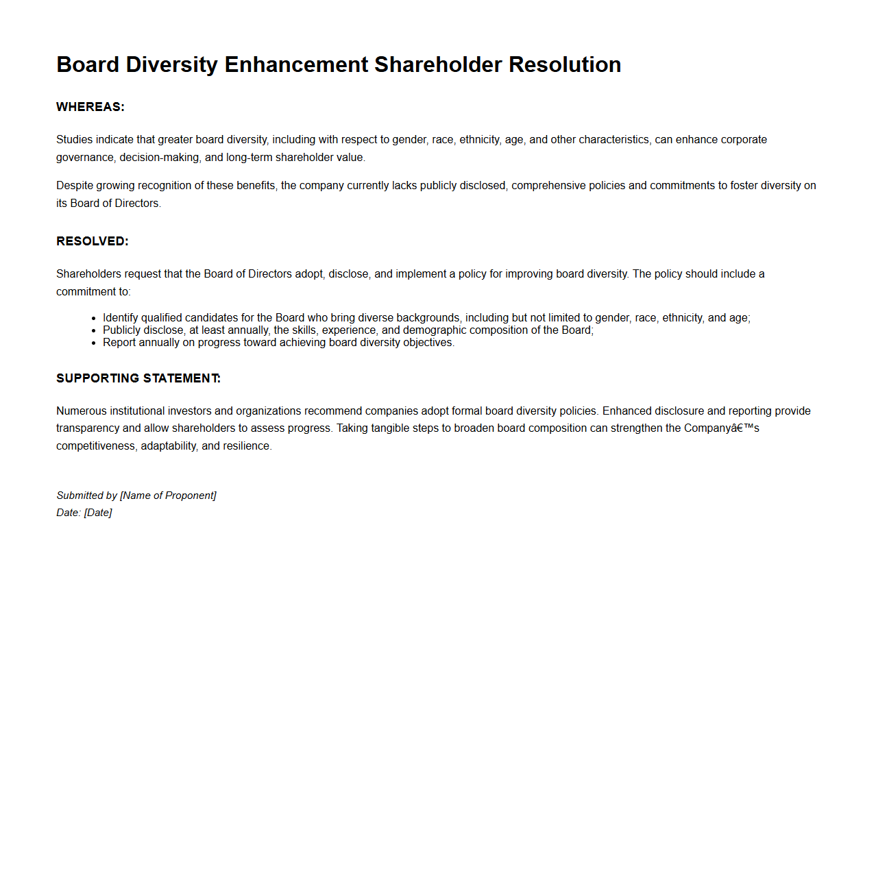 Board Diversity Enhancement Shareholder Resolution Sample