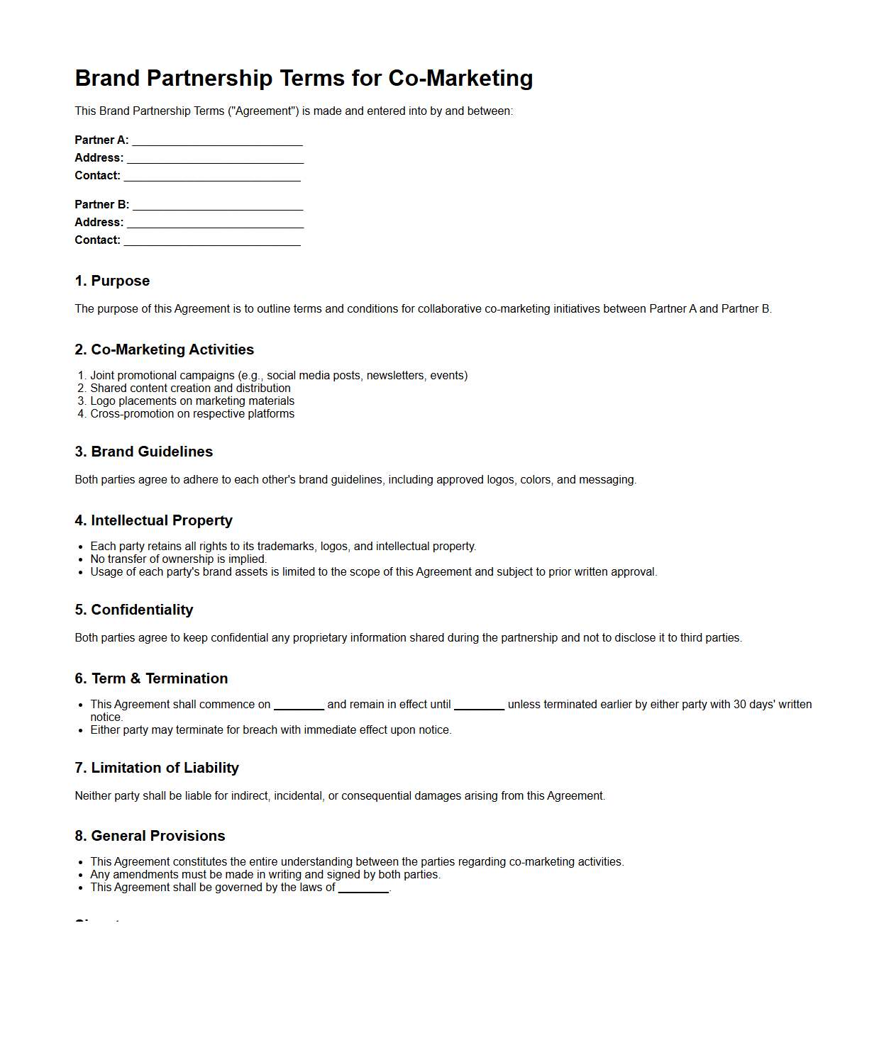 Brand Partnership Terms for Co-Marketing