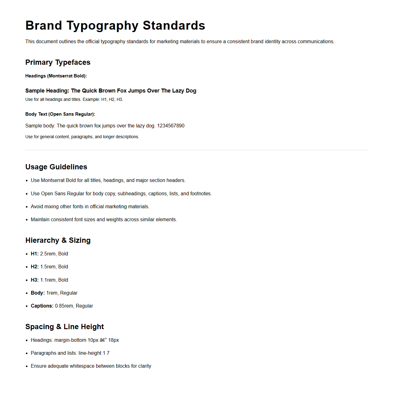 Brand Typography Standards Example for Marketing Materials