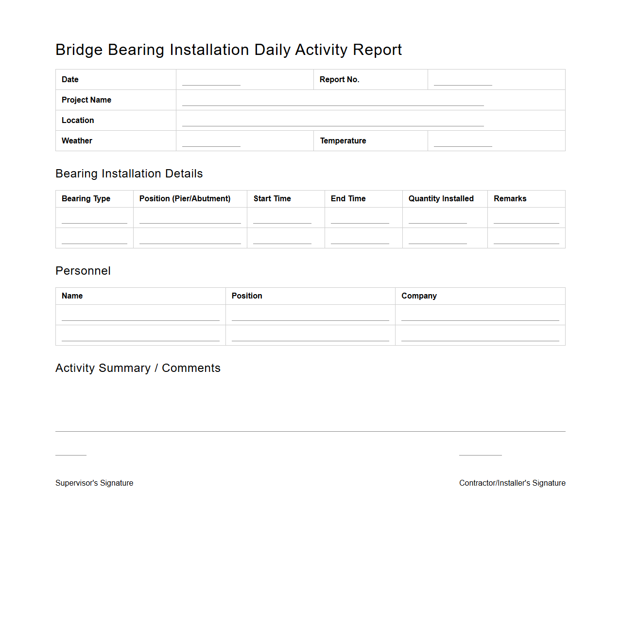 Bridge Bearing Installation Daily Activity Report