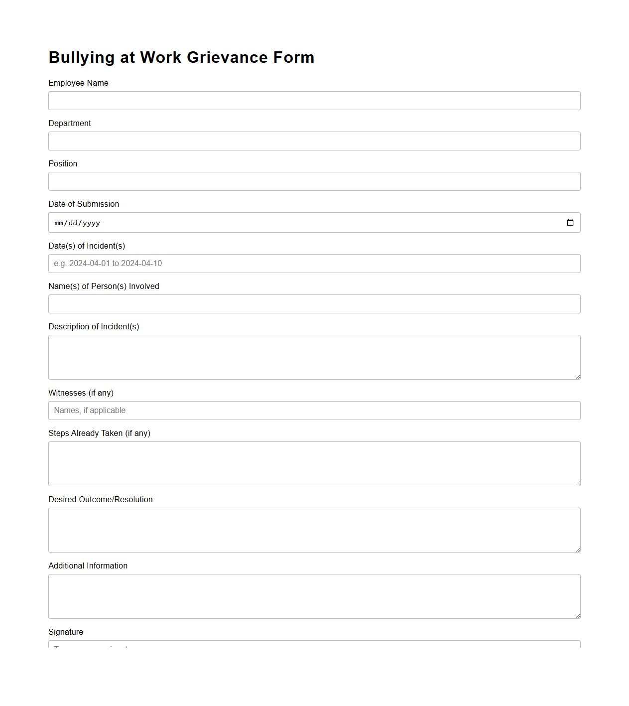 Bullying at Work Grievance Form Template