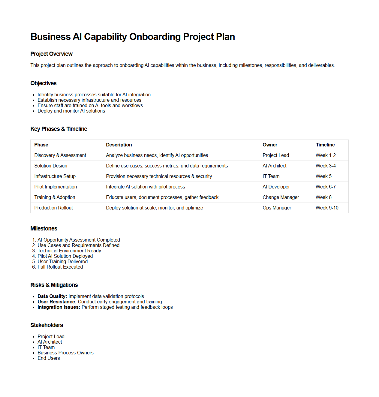 Business AI Capability Onboarding Project Plan