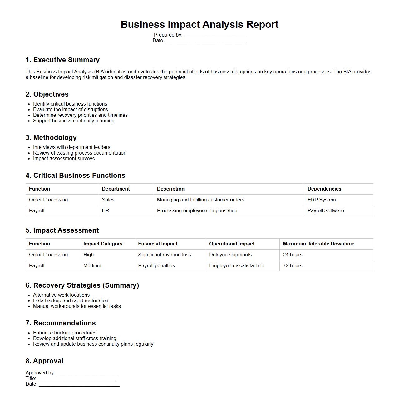 Business Impact Analysis Report Sample