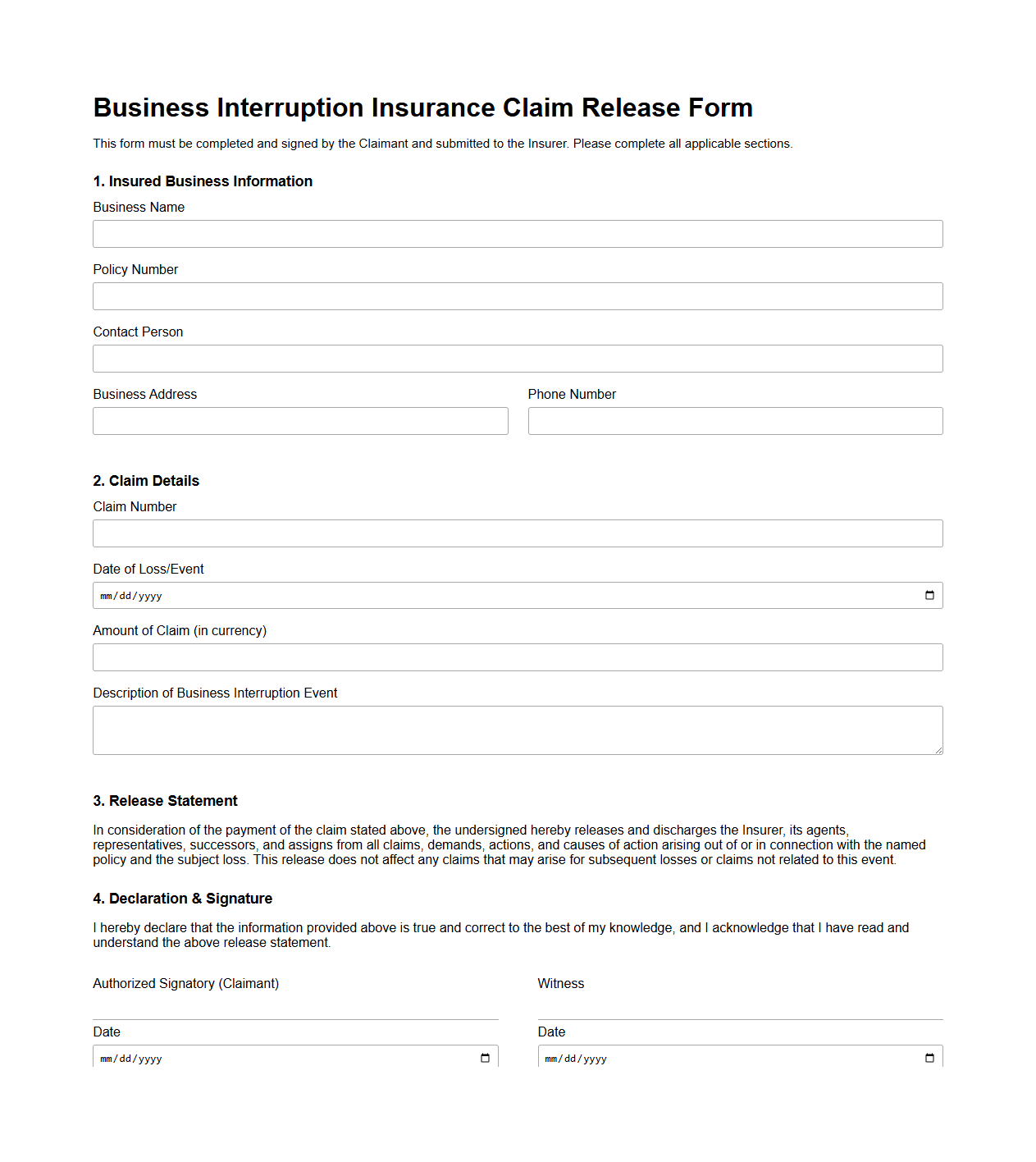 Business Interruption Insurance Claim Release Form