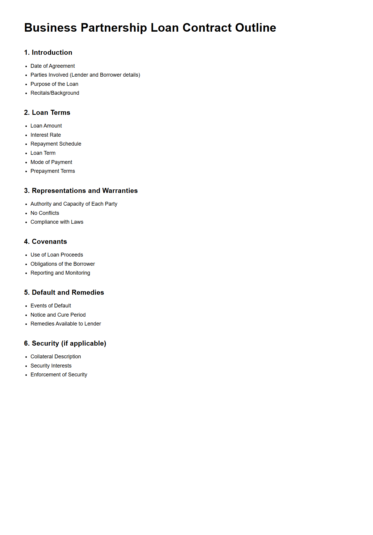 Business Partnership Loan Contract Outline