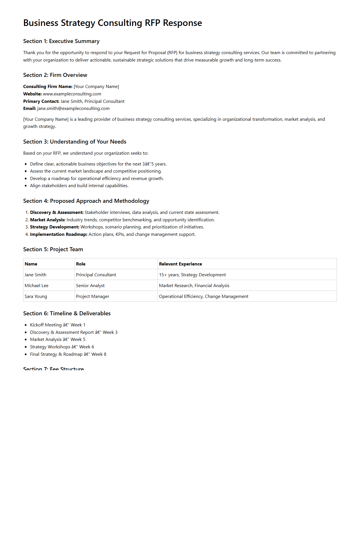 Business Strategy Consulting RFP Response Example