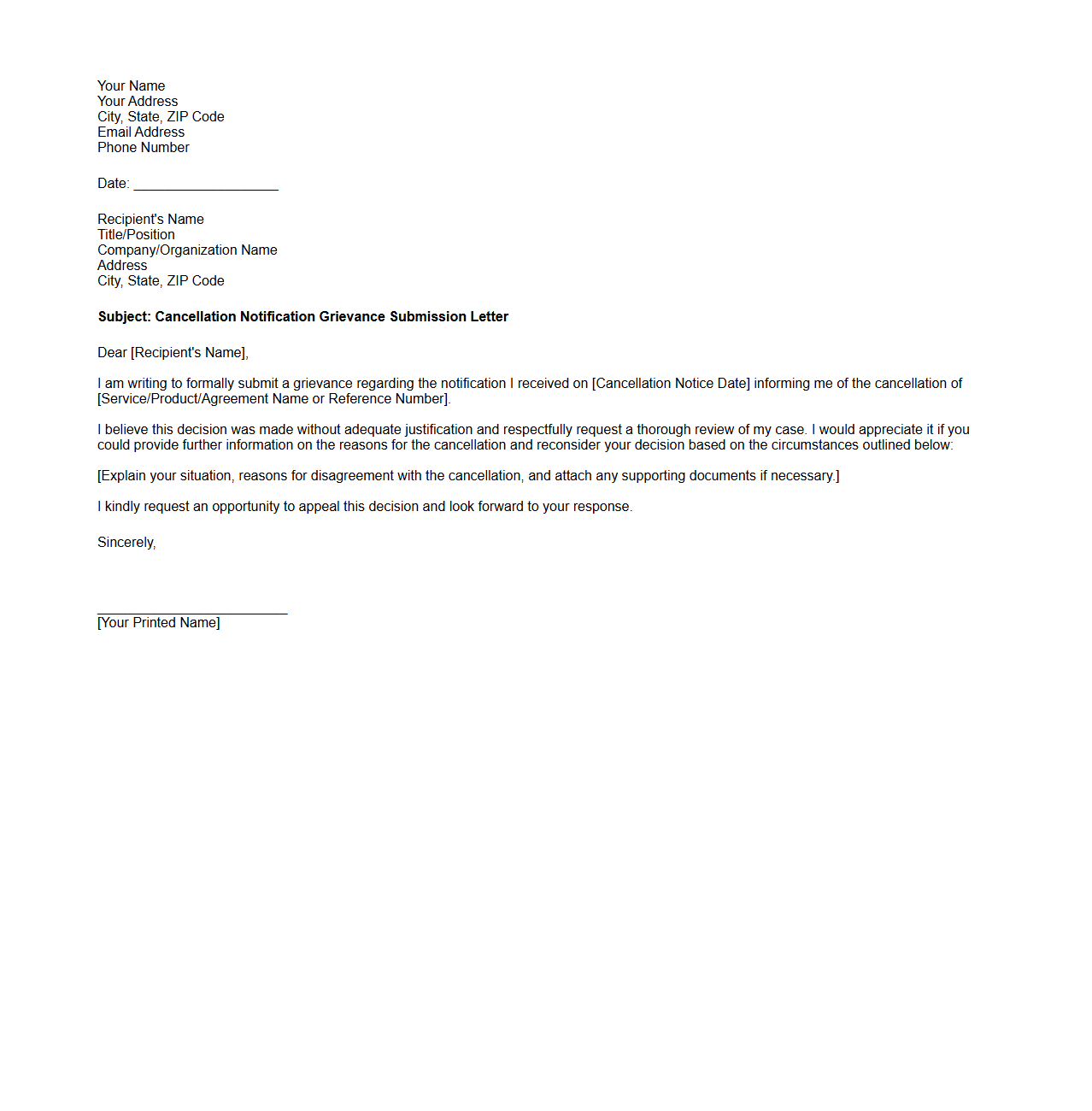 Cancellation Notification Grievance Submission Letter