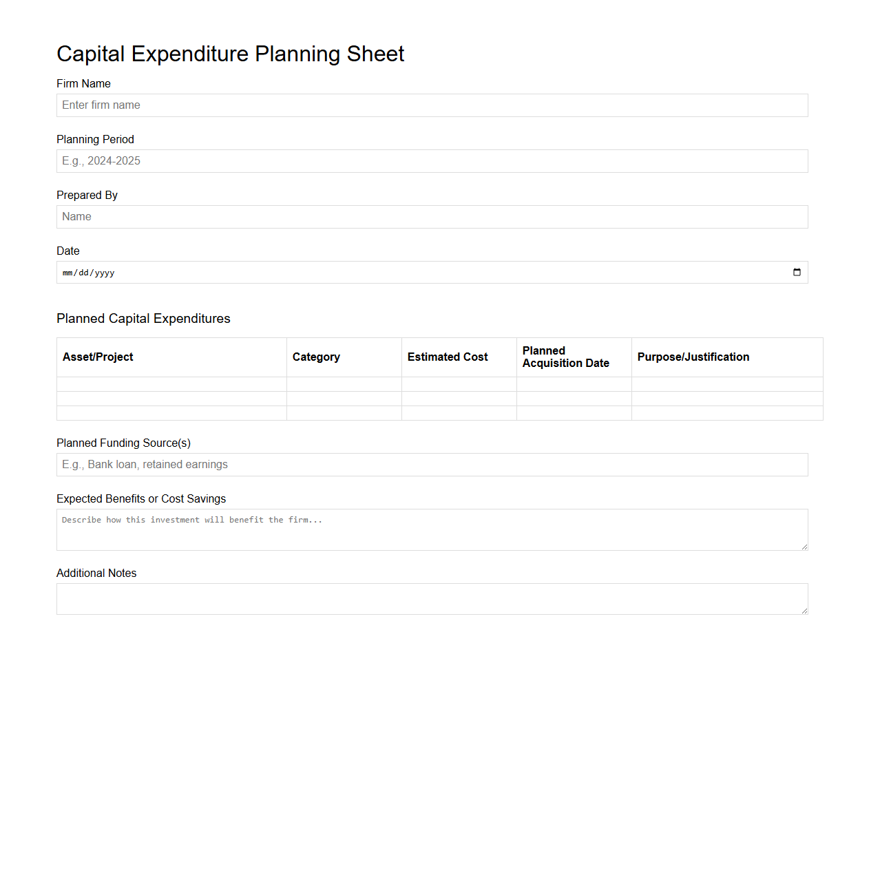 Capital Expenditure Planning Sheet for Small Firms