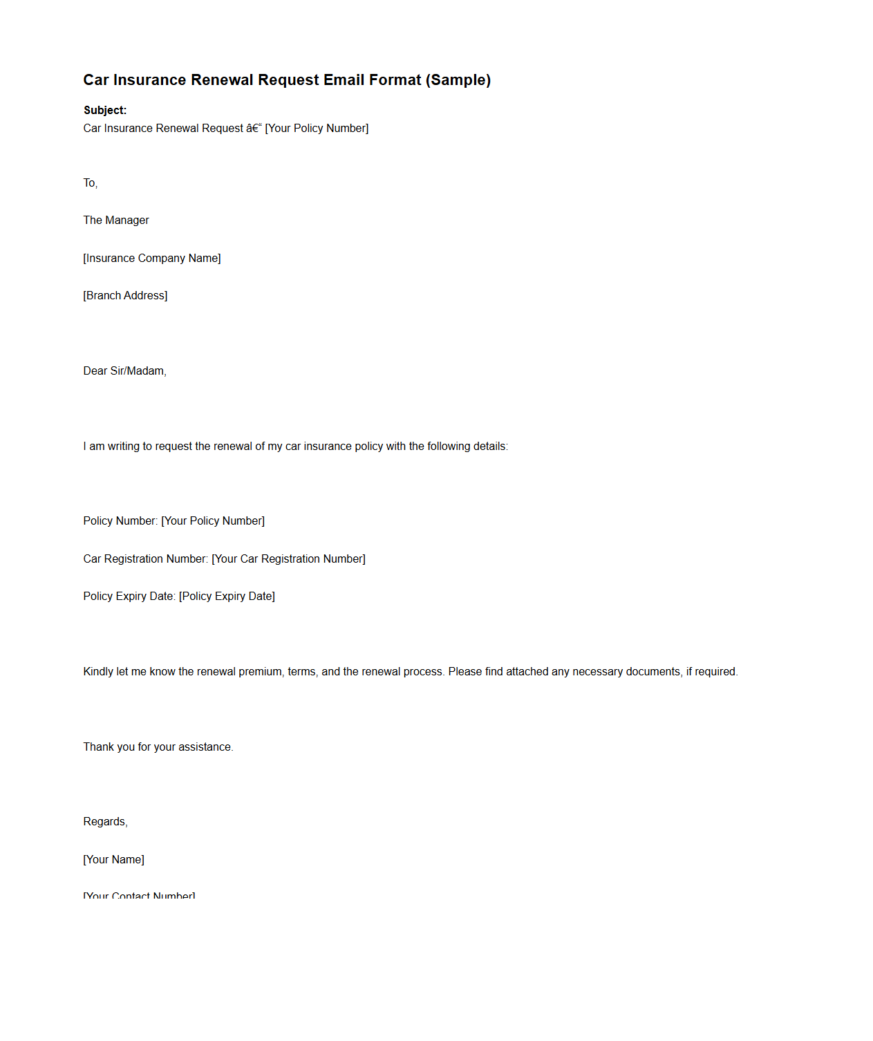 Car Insurance Renewal Request Email Format