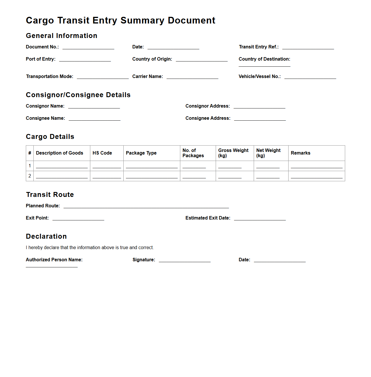 Cargo Transit Entry Summary Document Sample