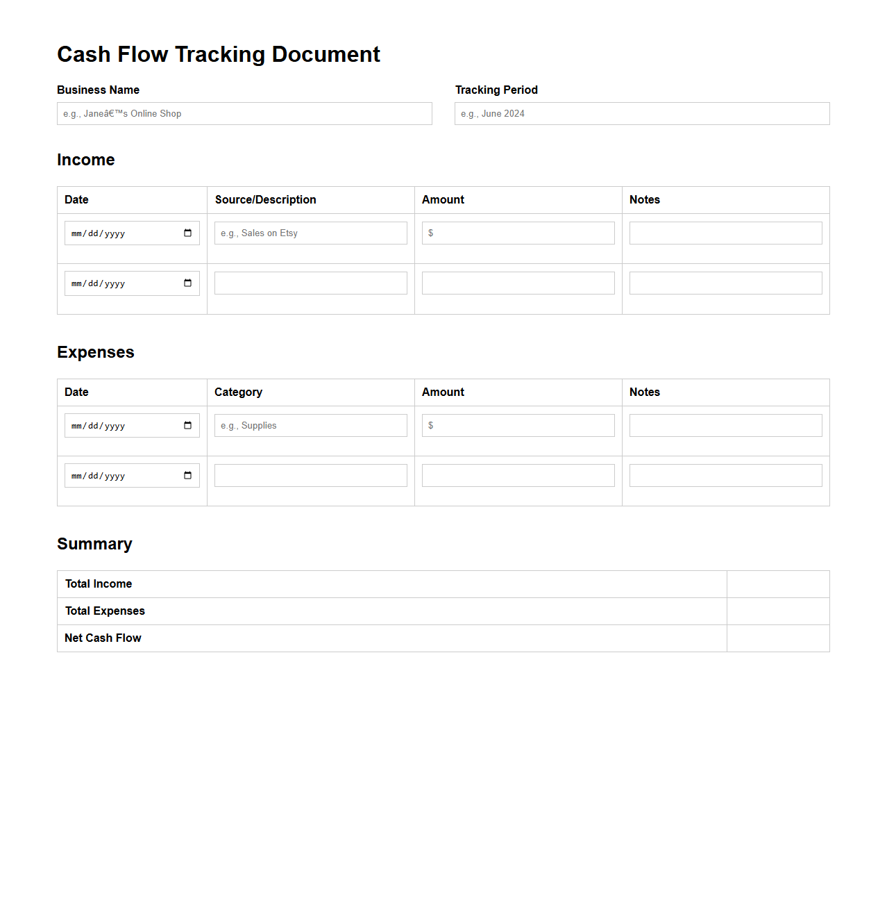 Cash Flow Tracking Document for Side Businesses