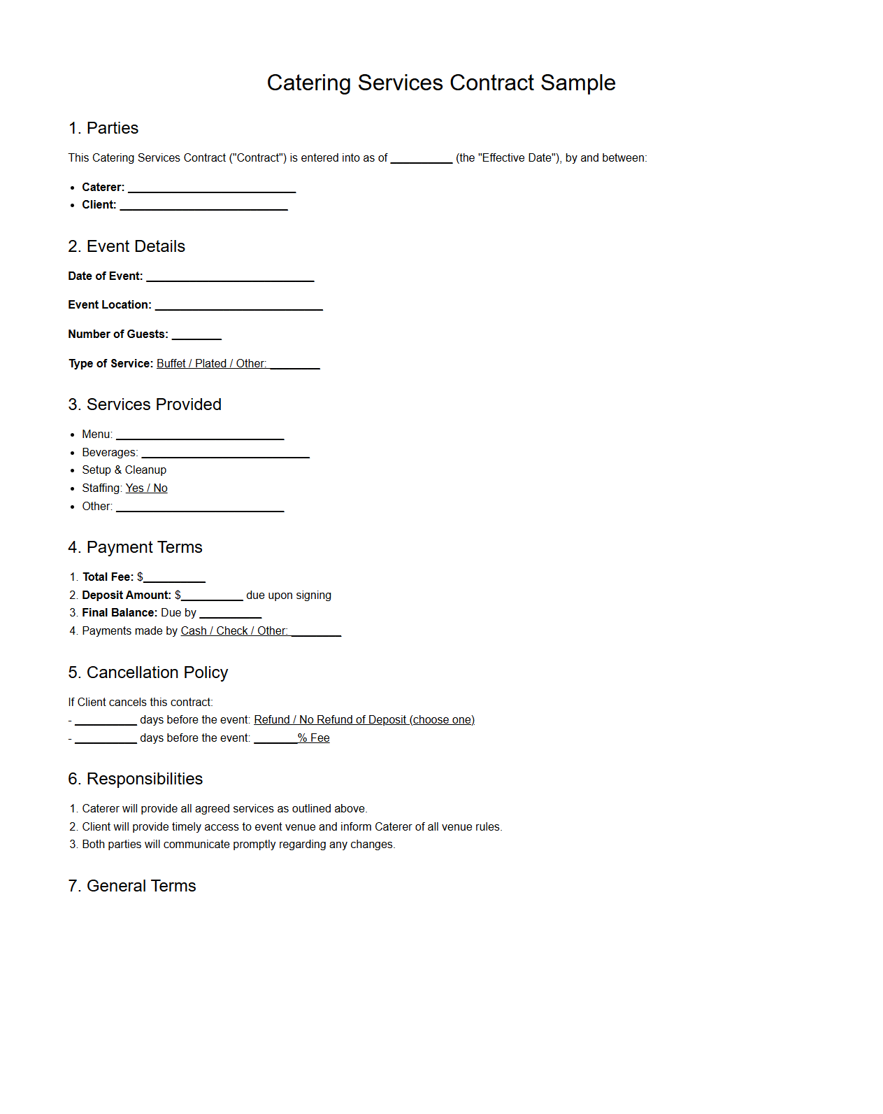 Catering Services Contract Sample