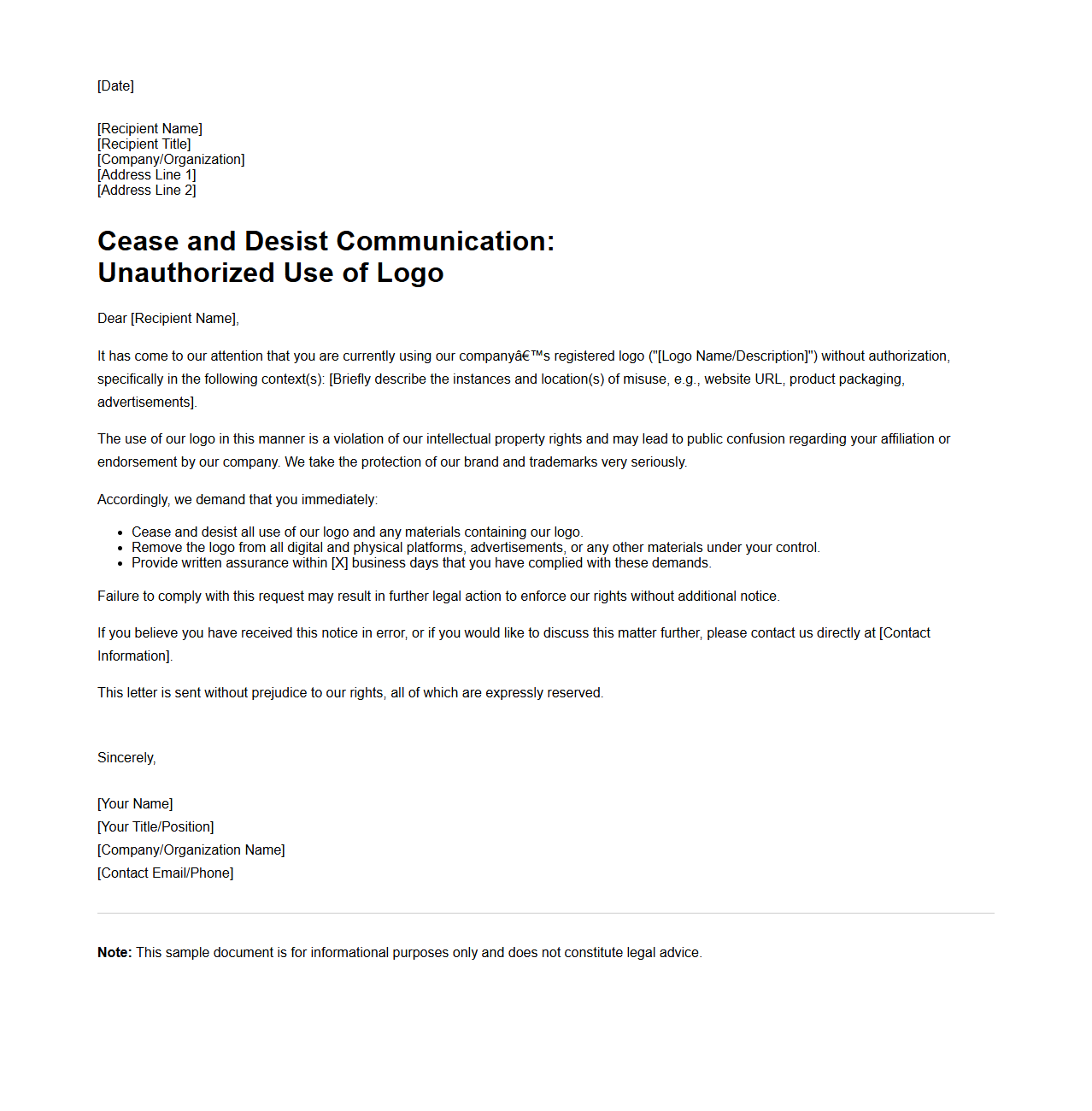 Cease and Desist Communication for Logo Misuse