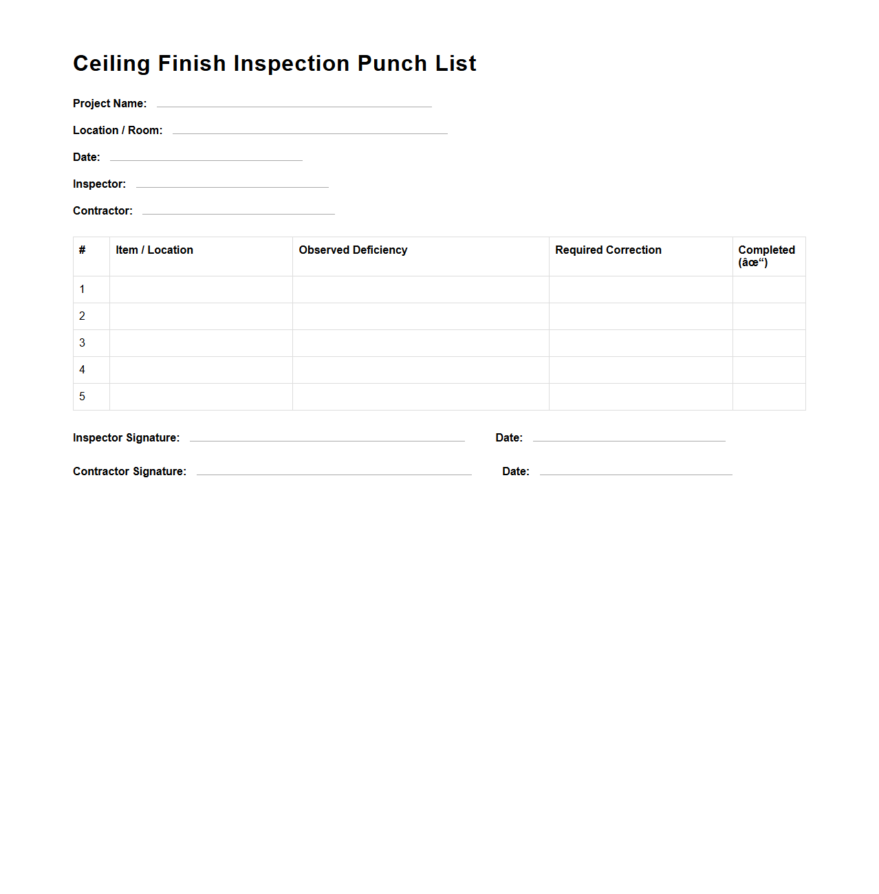 Ceiling Finish Inspection Punch List