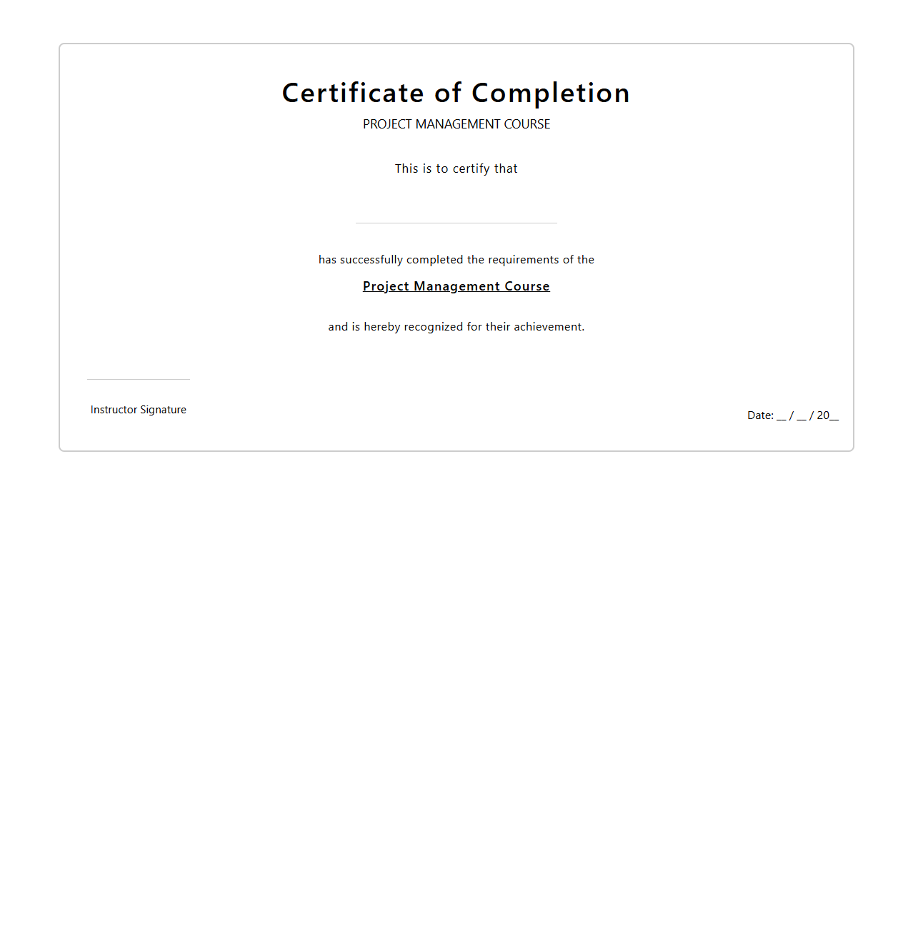 Certificate of Completion for Project Management Course
