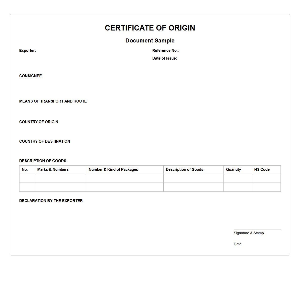 Certificate of Origin Document Sample
