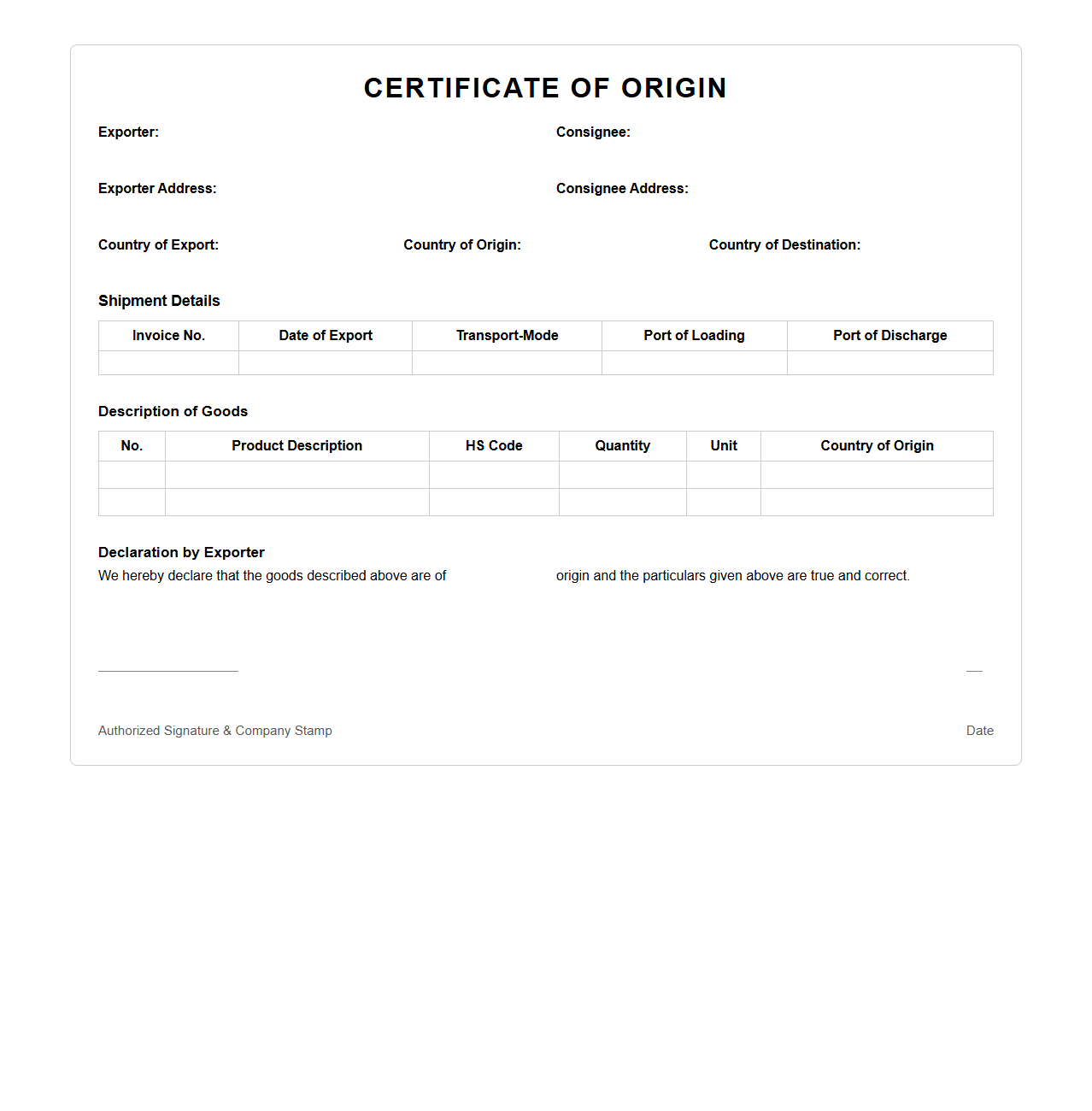 Certificate of Origin Example for Electronics Shipments