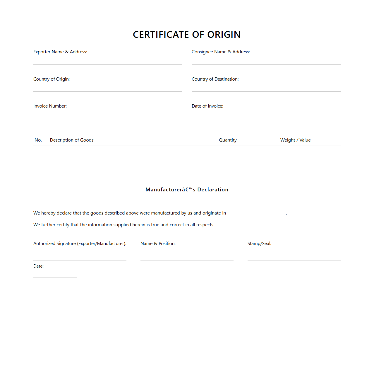 Certificate of Origin with Manufacturer’s Declaration Section