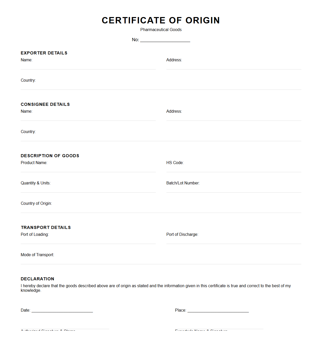 Certificate of Origin Sample for Pharmaceutical Goods