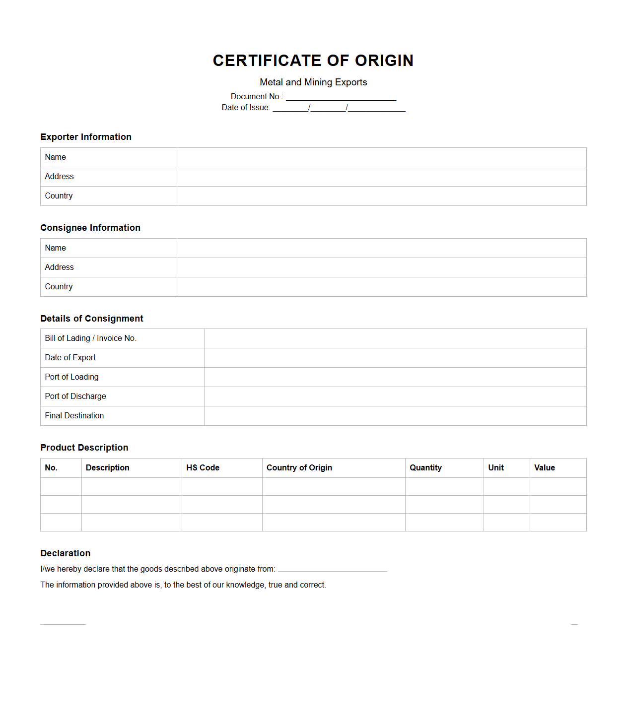 Certificate of Origin Template for Metal and Mining Exports