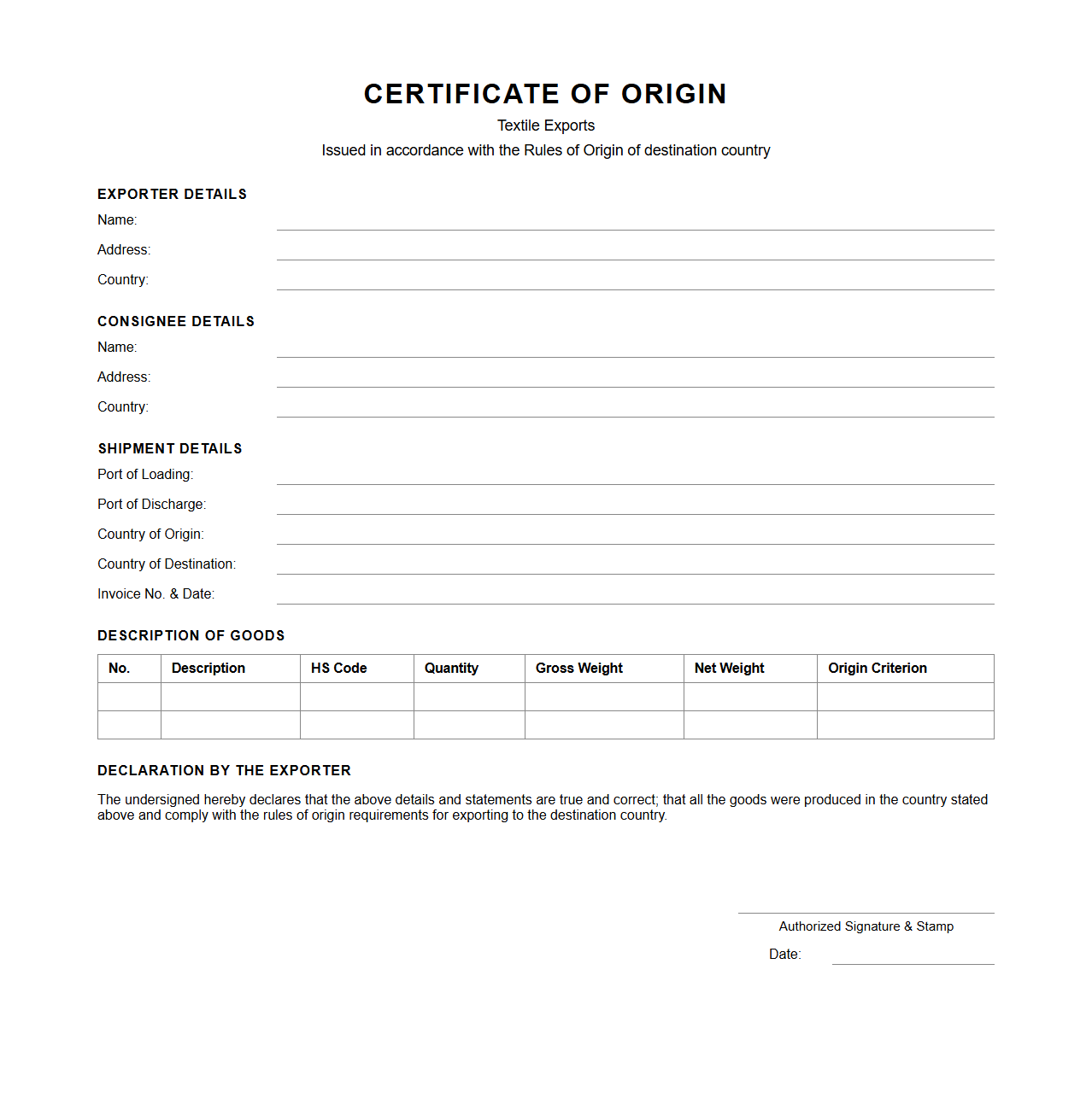 Certificate of Origin Template for Textile Exports
