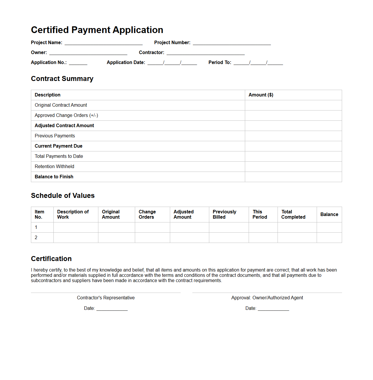 Certified Payment Application Template for Public Works Projects