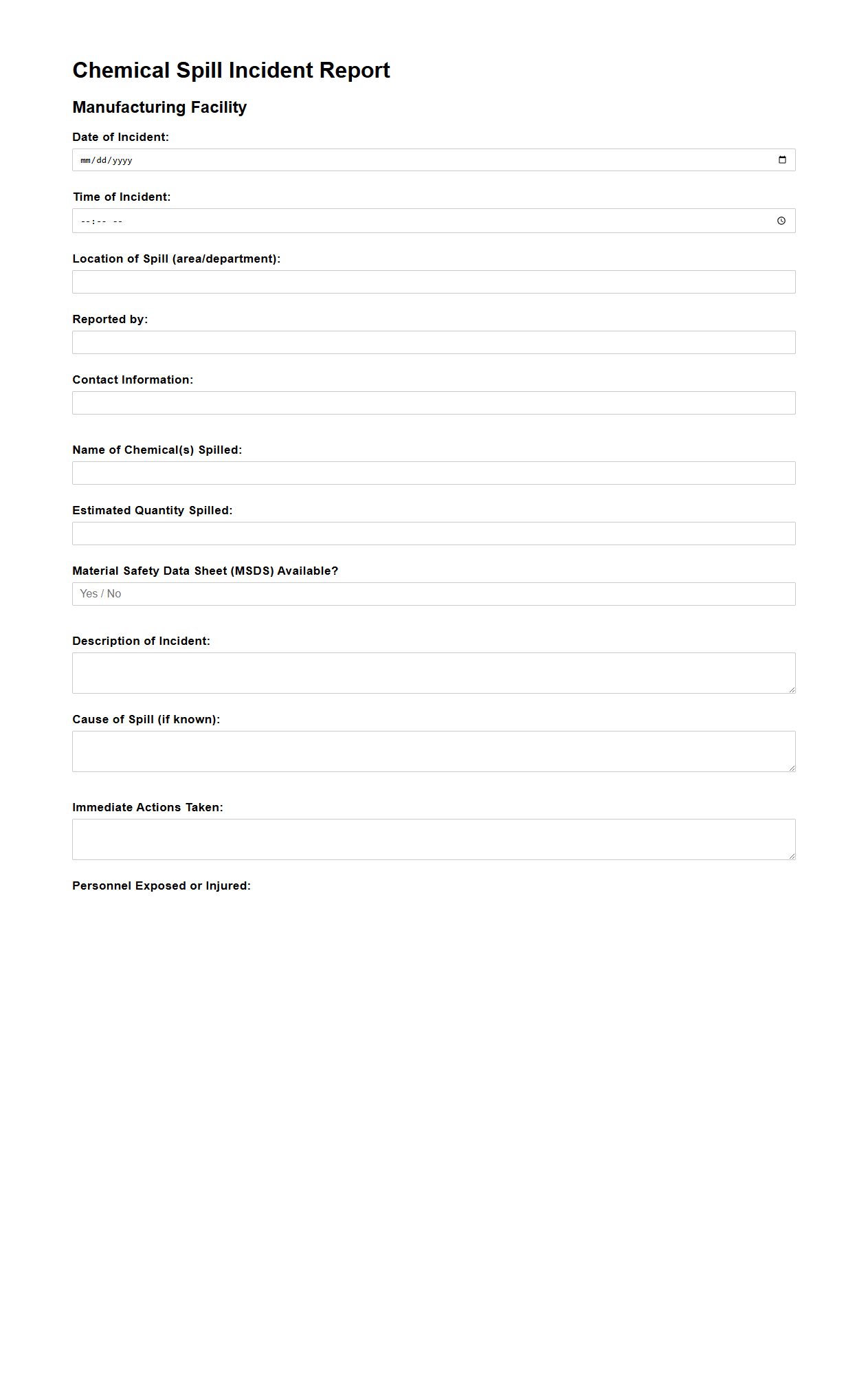 Chemical Spill Incident Report Document Sample for Manufacturing