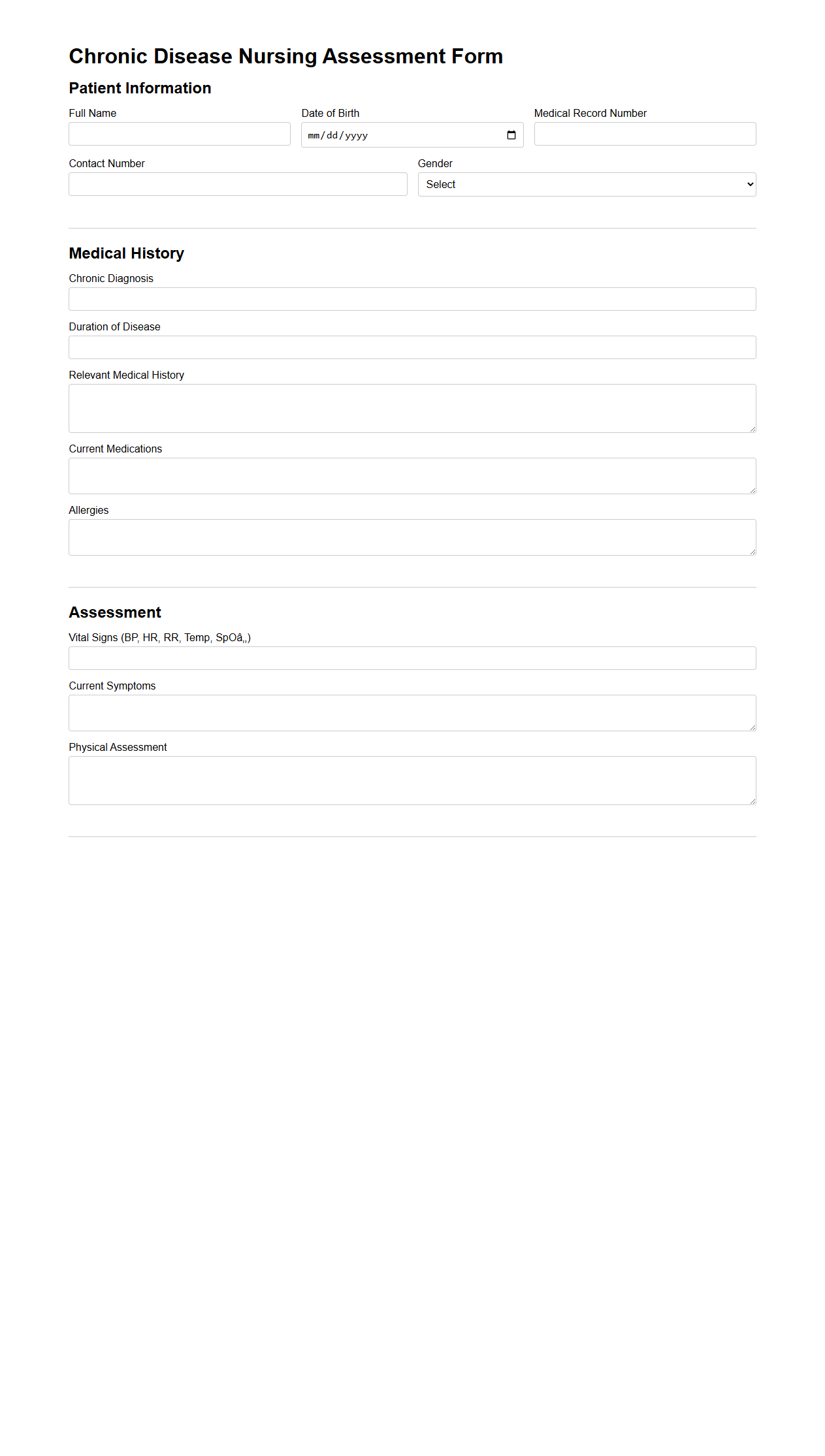 Chronic Disease Nursing Assessment Form