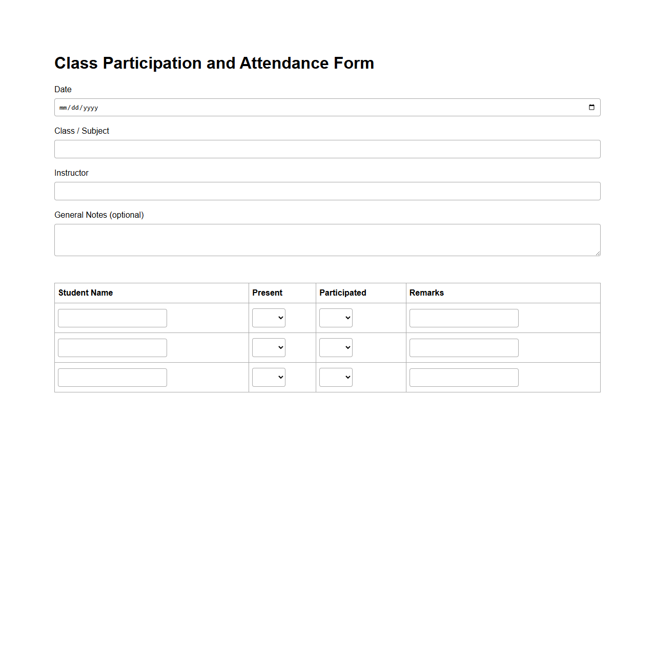 Class Participation and Attendance Form