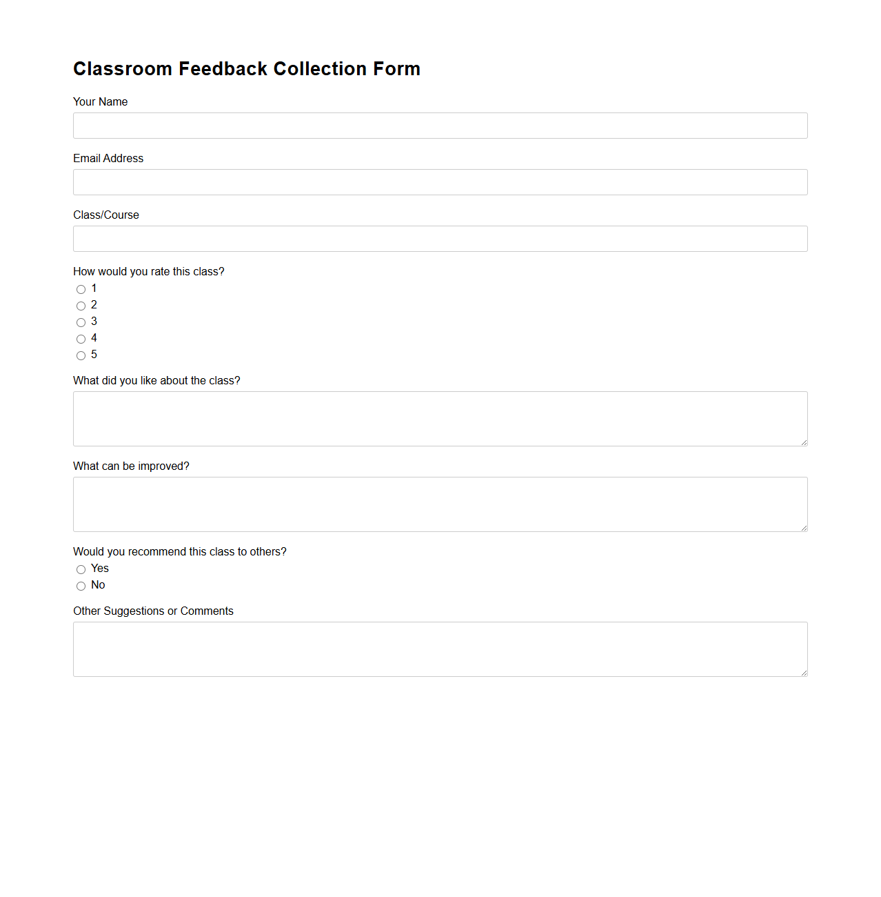 Classroom Feedback Collection Form