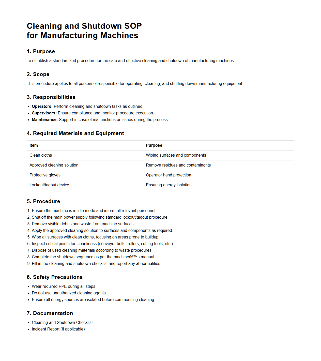 Cleaning and Shutdown SOP for Manufacturing Machines