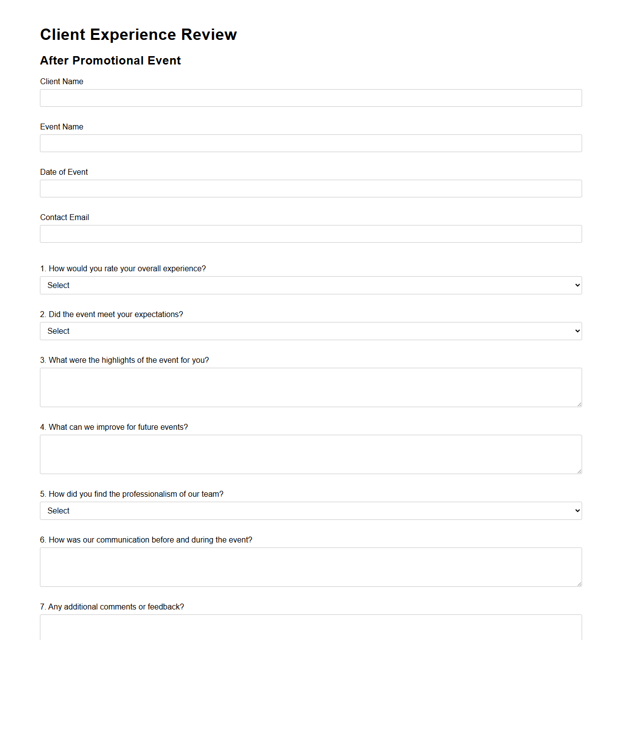 Client Experience Review Template After Promotional Event