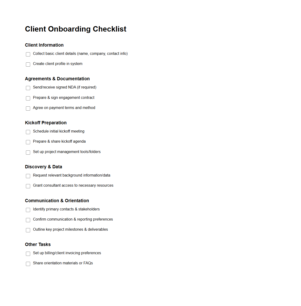 Client Onboarding Checklist for Consulting Practices