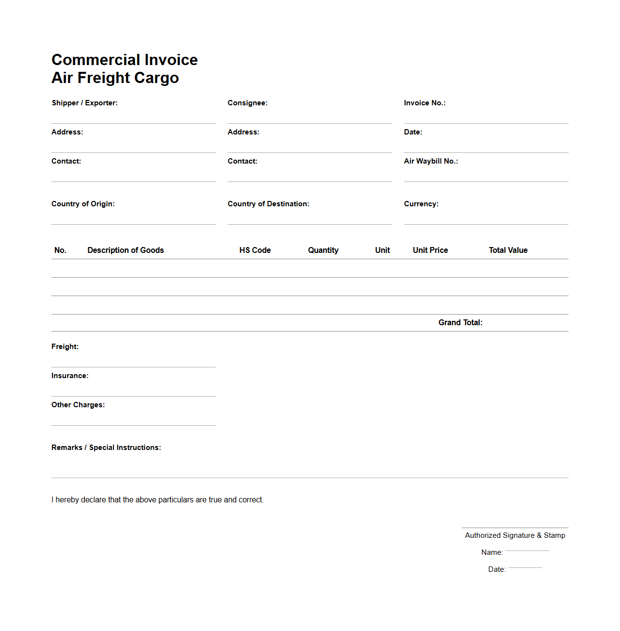 Commercial Invoice Format for Air Freight Cargo